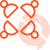 Icono gráfico en el que se representa un un círculo formado por dos flechas y superpuesto sobre este, un nuevo icono que representa un grupo de cuatro personas